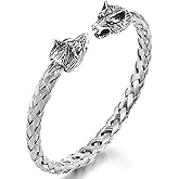 COOLSTEELANDBEYOND Mens Wolf Head Bracelet Steel Braided Cable Bangle Cuff Bracelet Polished, Adjustable