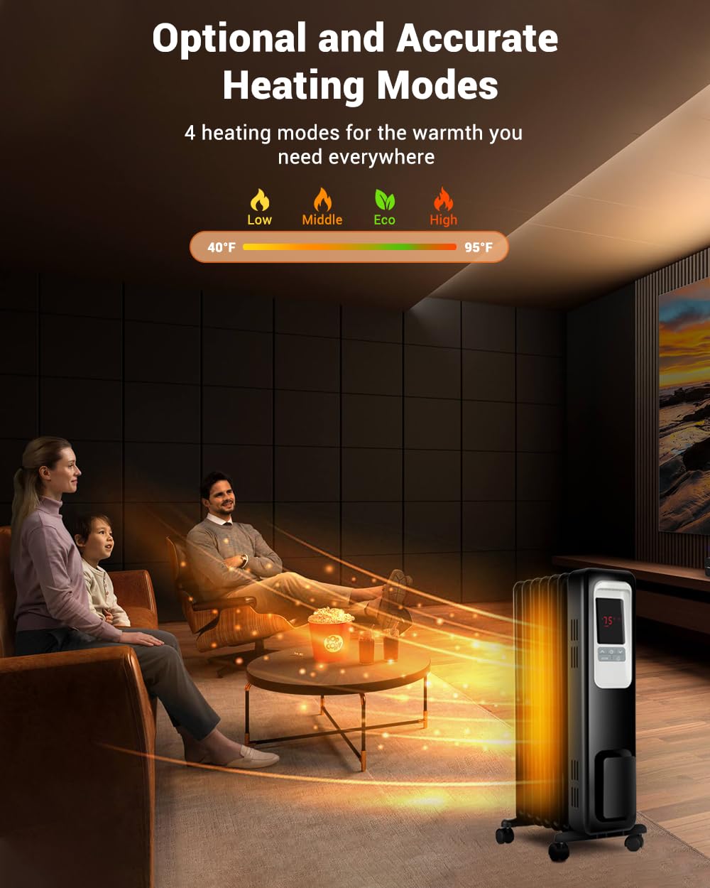 Aikoper Oil Filled Radiator Heater, 1500W Electric Portable Space Heaters for Indoor Use with Remote, Digital Thermostat, 4 Modes, 24h Timer, Overheat & Tip-Over Protection Quiet for Whole Room