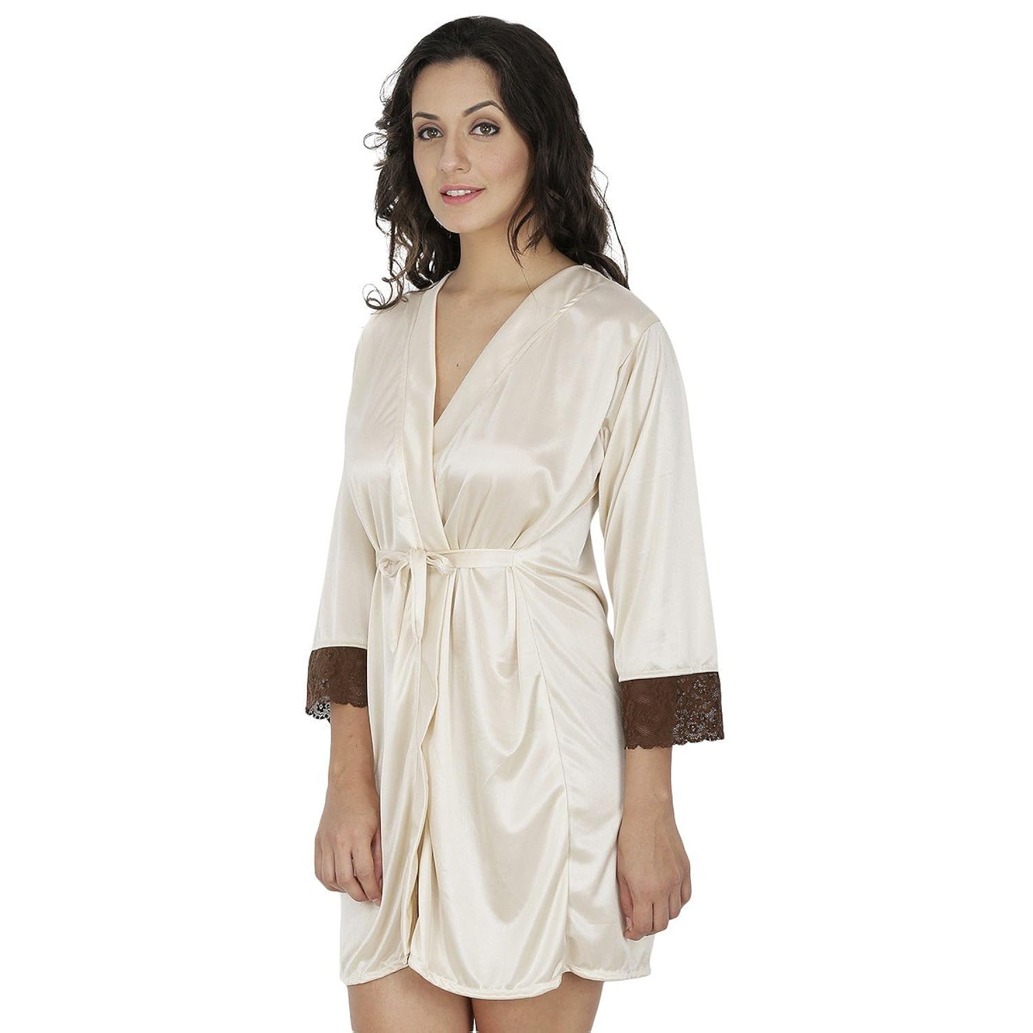 klamotten beige satin robe with lace