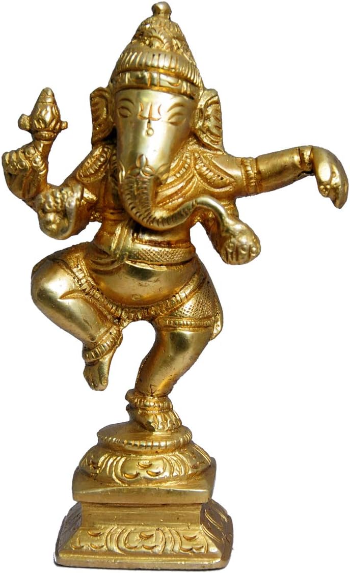 CRAFTHUT Brass Lord Ganesha Idol in Dancing Pose – Golden Ganpati/Vigneshwara Murti for Mandir, Home Decor & Auspicious Gifting (1.2 x 2.8 x 4.5 in) 300g