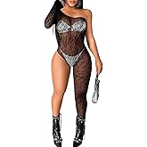 EHSUYAB Womens One Shoulder Fishnet Bodysuit, Sexy Leopard Lace Jumpsuit Rave Club, Body Stockings Exotic Wear Dancer Outfits