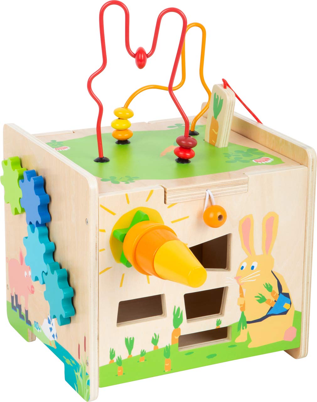 Small Foot 11732 Bunny Motor Activity Cube, wooden motor activity toy with five playable sides, for ages 12+ months