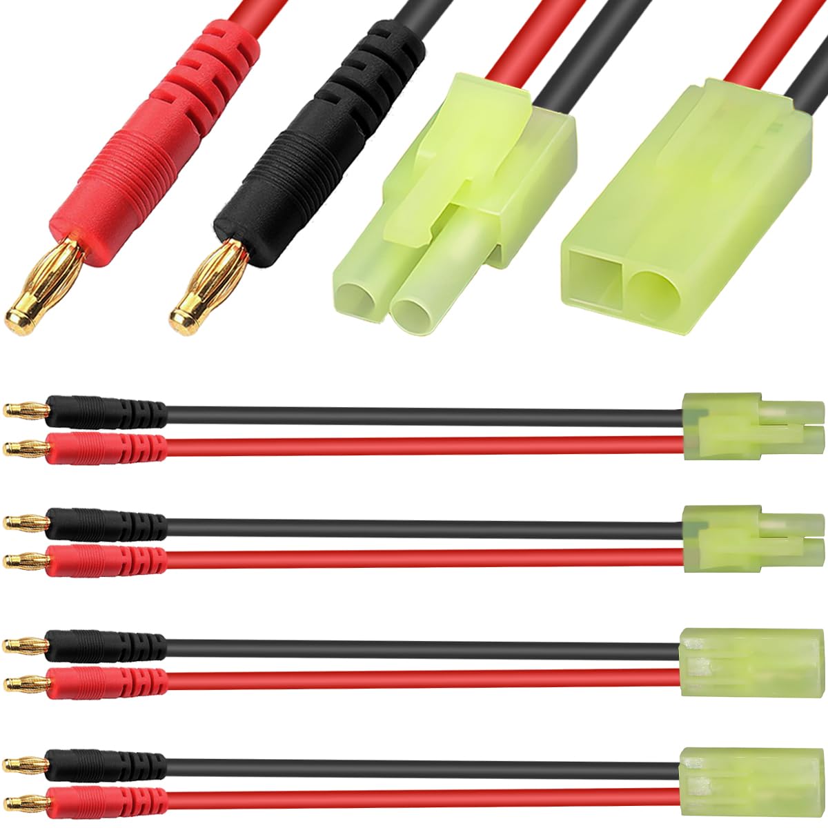 HAAMNING7 4 Pcs for Mini Tamiya to 4mm Banana Connector Cable for Mini Tamiya Female Male to 4.0mm 14AWG Banana Adapter Cable, for-RC FPV Drone Car Battery Quadcopter