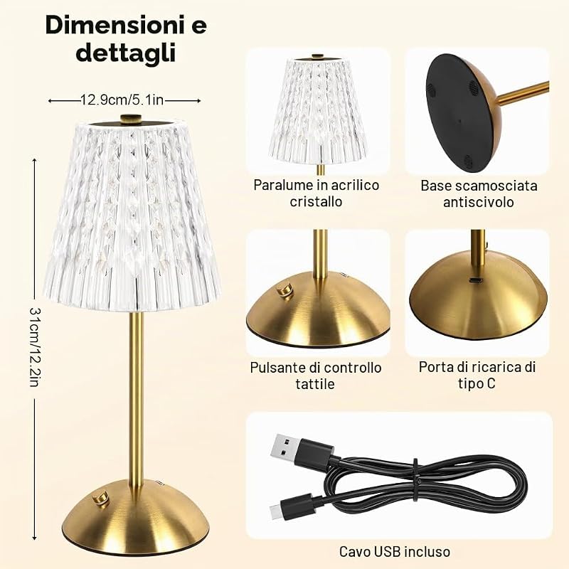 Lampada da Tavolo Ricaricabile e Senza Fili, 2000mAh Dimmerabile Abat Jour da Comodino Cristallo, Lampada da Comodino Touch Dimmerabile, 3 Colori USB-C, per Camera, Salotto, Ufficio, Bar, oro