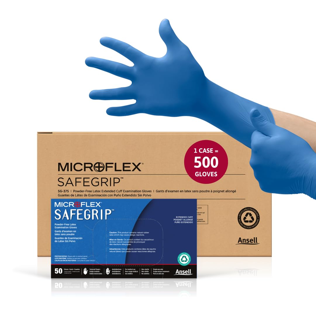 Ansell MICROFLEX SafeGrip SG-375 Extra Thick Disposable Latex Gloves for Life Sciences, Automotive w/Textured Fingertips - Small, Blue (Case of 500) Image