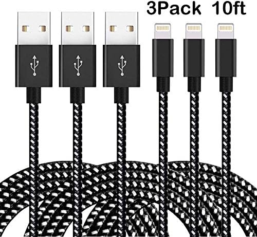 Lightning Cable,Rongqx 3Pack 10FT Nylon Braided Line,USB iPhone Charger Cord for iPhone 6/6Plus/6s/6s Plus/5/5c/5s, iPad/iPod/Mini (Black)