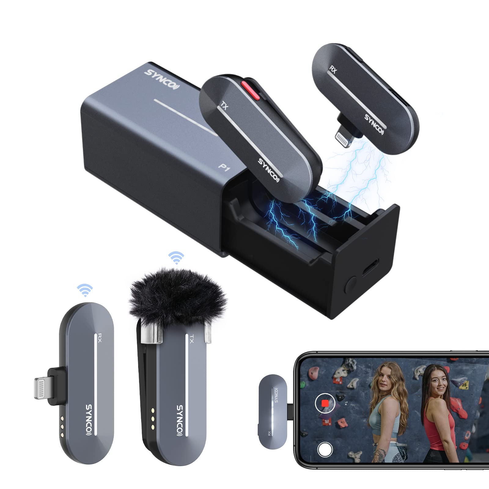 SYNCO Wireless Microphone for iPhone, P1SL 2.4GHz Lapel Mic with Charging Case for iPad Smartphone YouTube TIK Tok Vlog Live Streaming, Wireless-Lavalier-Microphone-Lapel-iPhone