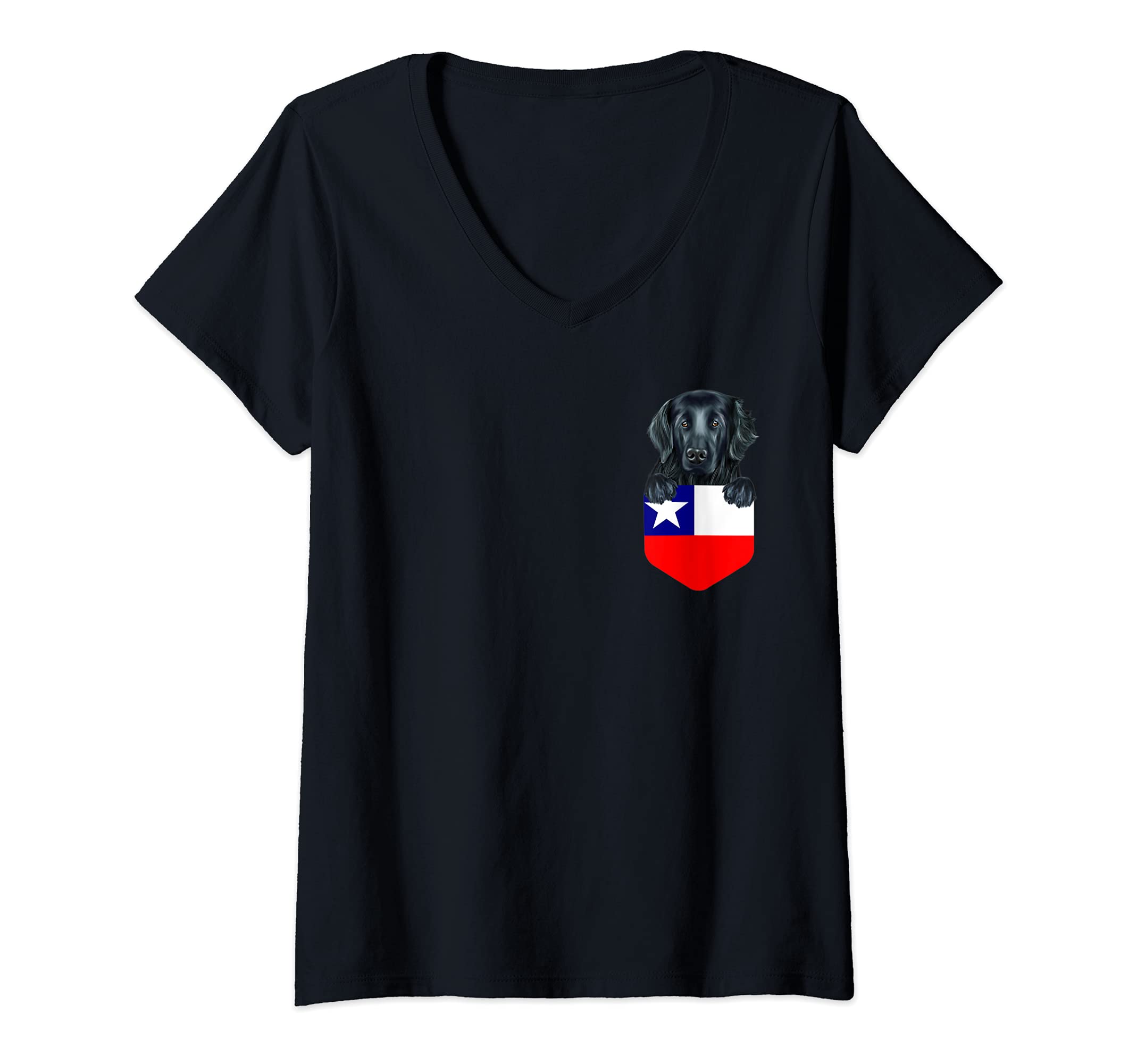 Womens Chile Flag Flat-Coated Retriever Dog In Pocket V-Neck T-Shirt