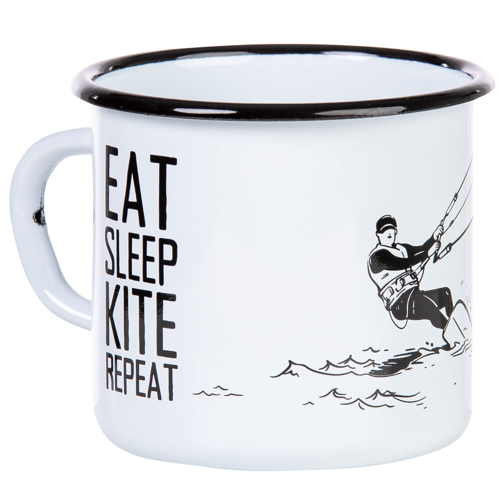MUGSY Enamel Mug Eat Sleep Kite Repeat, Kite Surfing Motif, Enamel Mug, Outdoor Equipment, 330 ml, Coffee