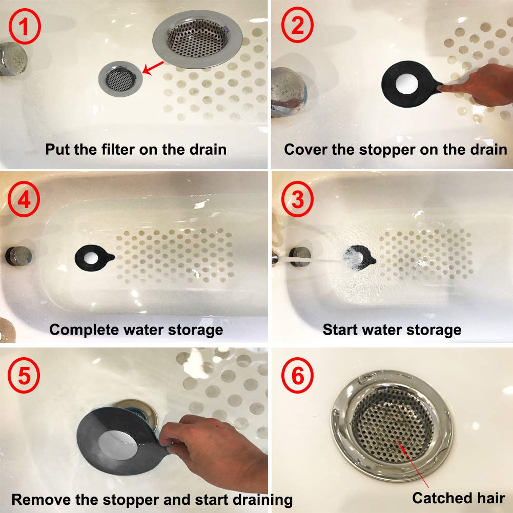 Seatery 2PCS Bathtub Stopper Hair Catcher Kit, Bathtub Drain Strainer, Tub Stopper Plug Cover, Sink Filter, Silicone Drain Stopper for Bathroom, Laundry (Black)