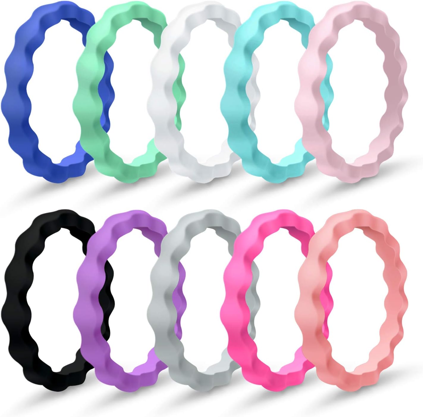 MOKANISilicone Wedding Ring for Women, 10 Pack Thin and Braided Rubber Band, Fashion, Colorful, Comfortable fit, Skin Safe
