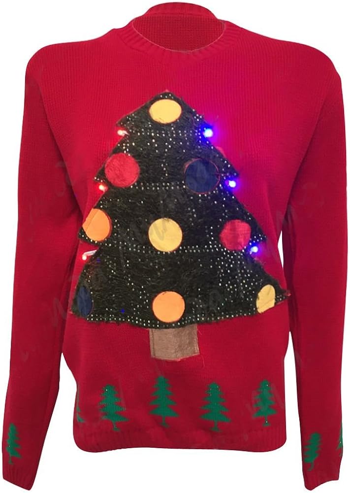 Ladies Women's Xmas Tree Flashing LED Light Up Knitted Jumper Sweater