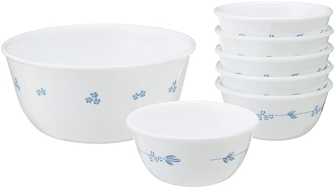 Corelle Secret Garden ES Glass Bowl Set, 7-Pieces, White
