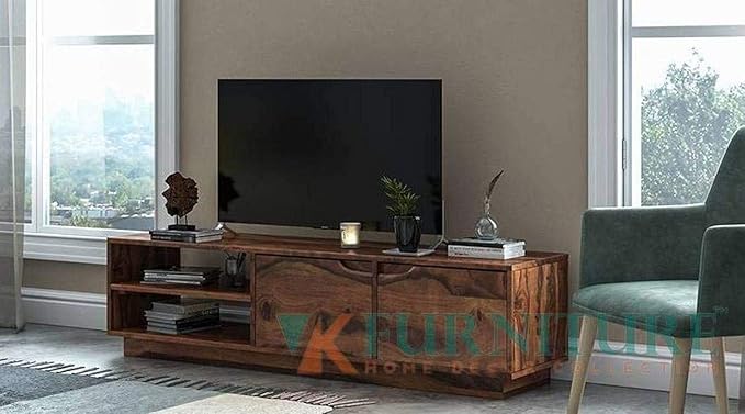 VK Furniture Sheesham Wood Tv Unit | Wooden Tv Stand | for Living & Bedroom | Cabinet & Shelf Storage | Provencial Teak Brown