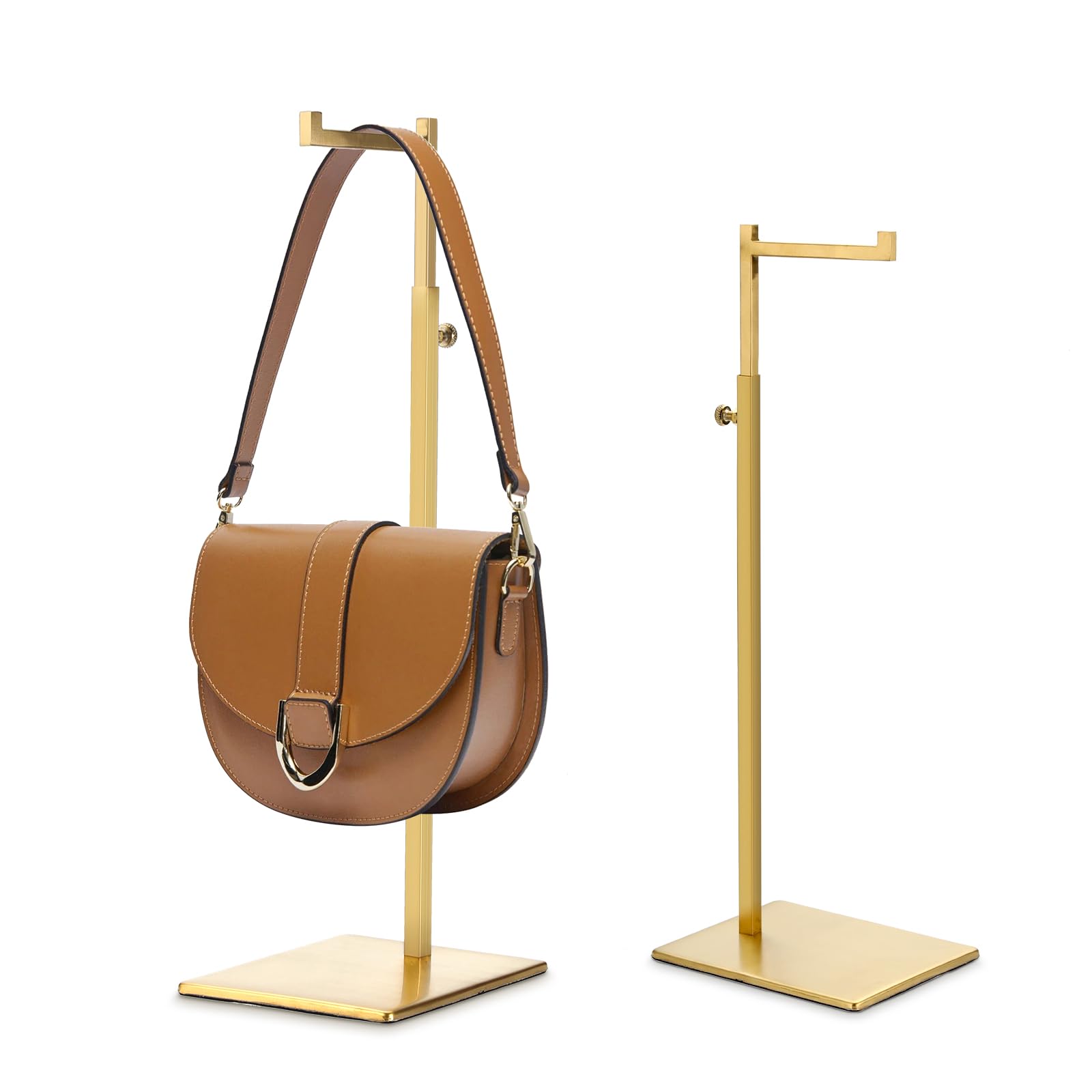 OLegei Set of 2 Handbag Display Stands Rack Adjustable Height Purse Display Holder- 7-type Hook, Shoulder Bags,Scarves, Hats, Necklaces Hanging Stand for Retail, Home (35cm to 65cm, Golden)