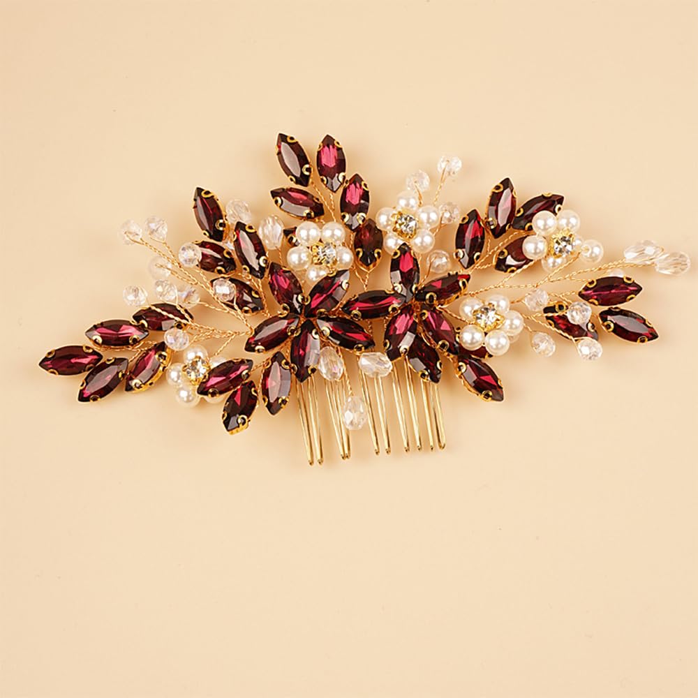 Beryuan Pearls Flowers Hair Comb Red Wine Teardrop & Crystal Wedding Headpiece for Women & Girls