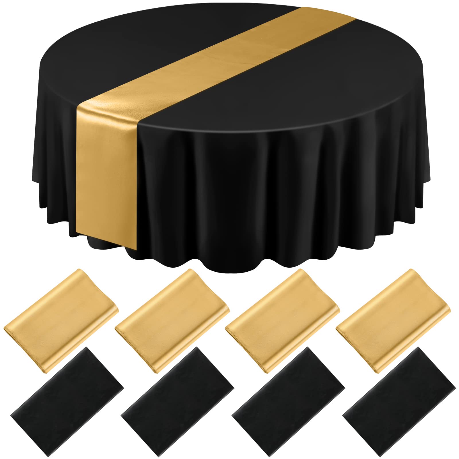 Photo 1 of Tudomro 8 Pcs Black and Gold Round Plastic Tablecloth and Satin Table Runner Set 84 Inch Round Covers 12 x 108 Inch Table Runners for Wedding Birthday Party Baby Shower Anniversary