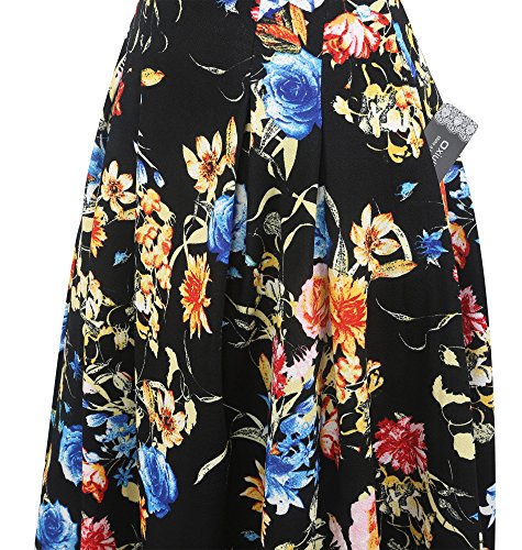 oxiuly Women's Vintage Patchwork Pockets Puffy Swing Casual Party Dress OX165 (Black Floral, x_l)