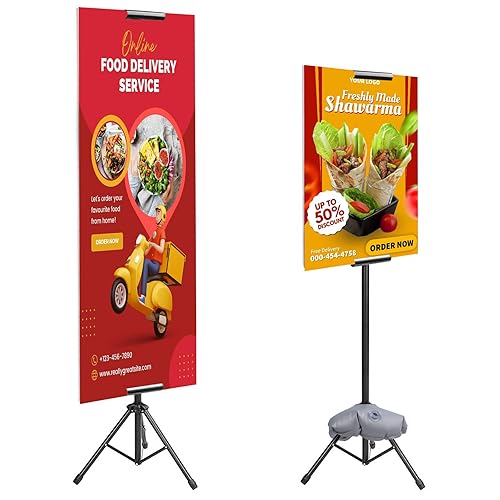 thumbnail interactive-video image 1 of Double-Sided Poster Stand – Adjustable Height Up To 88", Foldable Tripod Base 1 of 2