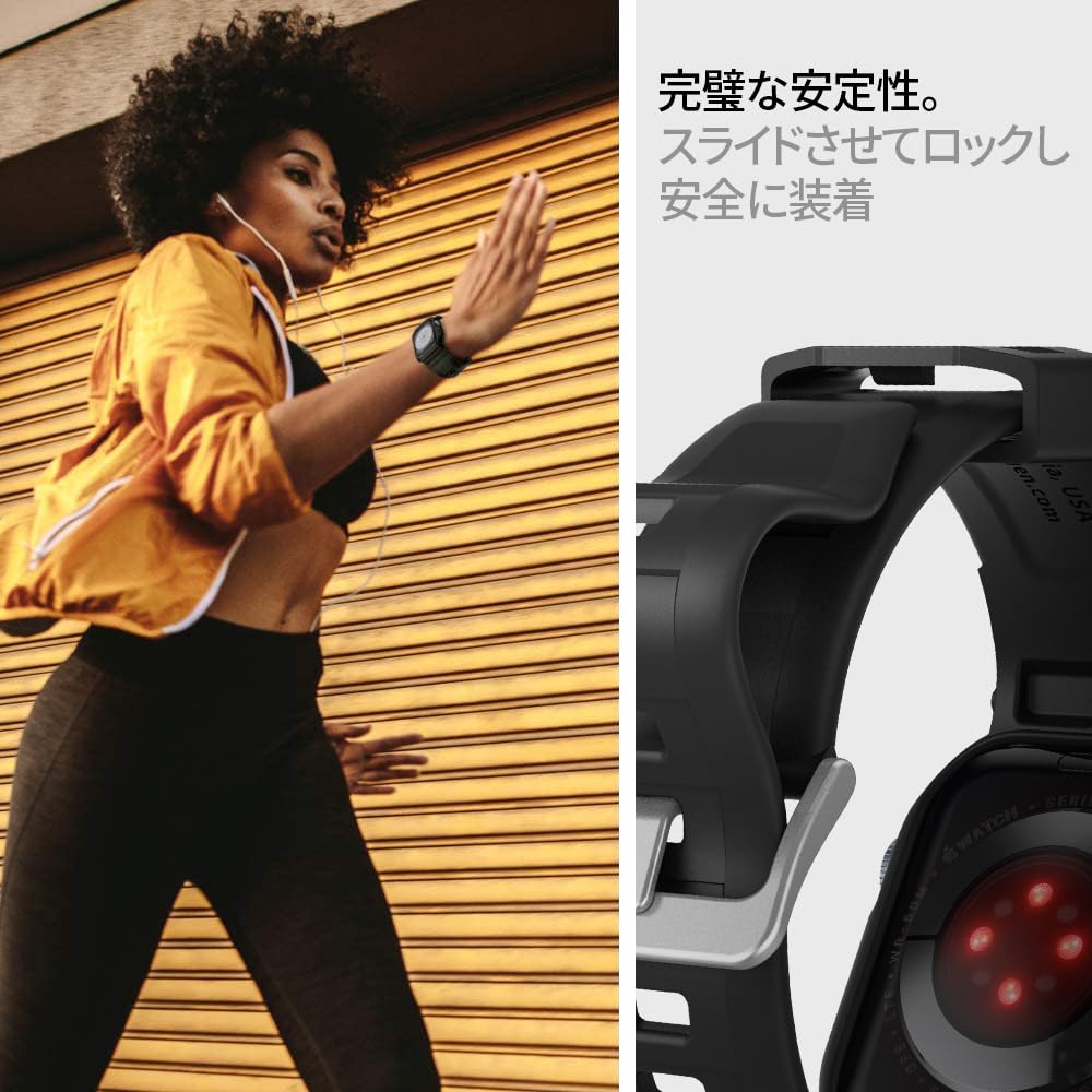 Spigen Apple Watch 45mm | 44mm 一体型 バンド ケース 【 Apple Watch 9 / 8 / 7 / SE2 / SE / 6 / 5 / 4 対応 】 カバー 耐衝撃 PC TPU 二重構造 スポーツバンド 落下 衝撃 吸収 耐久性 傷防止 ラギッド・アーマー・プロ 062CS25324 (ブラック)