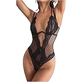 SOLY HUX Women's Lace Sheer Underwire Teddy Lingerie Bodysuit Cut Out Backless Halter Babydoll Body Suits