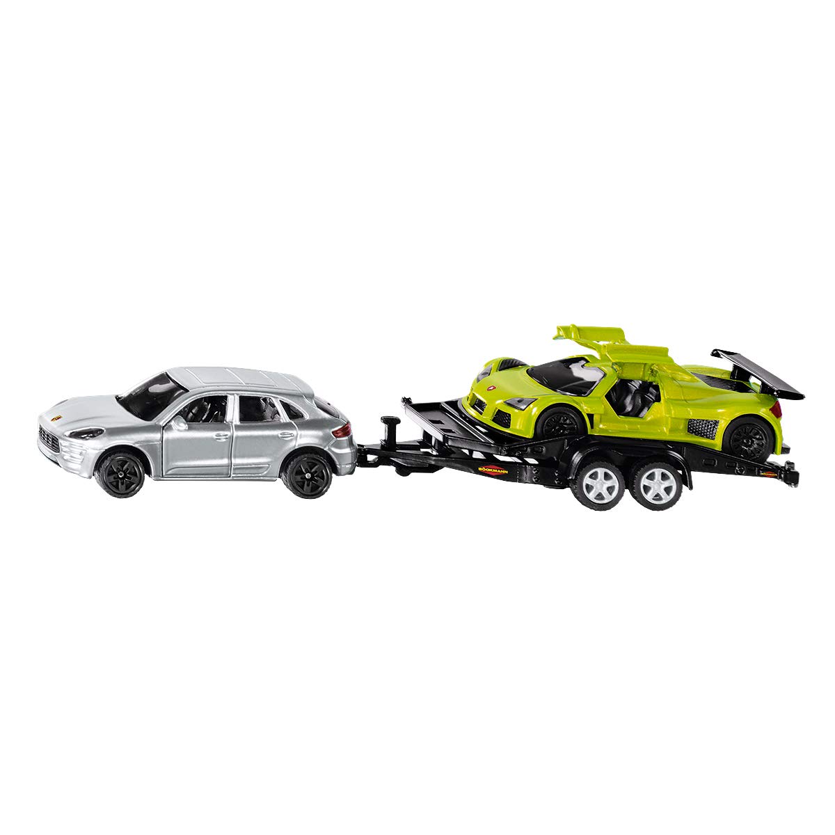 siku 2544, Car with Transport Trailer and Sports Car, 1:55, Metal,Plastic, Silver,Green, Tiltable loading area