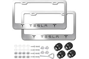 WANRELE License Plate Frames for Tesla, 2Pack Stainless Steel License Plate Cover Standard License Plate Holder with Screw Caps Set Car Accessories（Silver）
