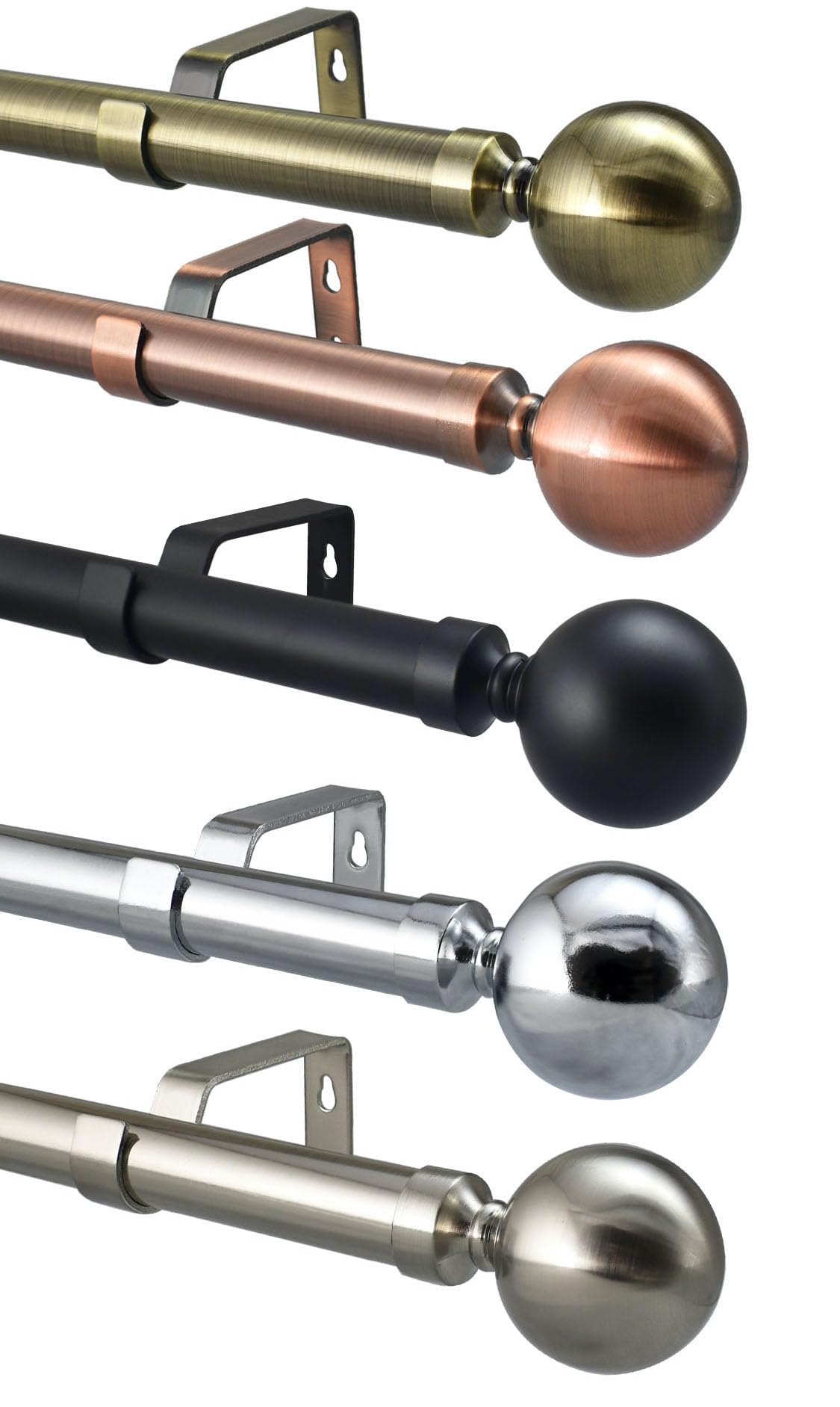 28mm Extendable Eyelet Curtain Pole Metal Ball Brushed Chrome Brass Copper Black Complete Rod Set (Polished Chrome, 200-300cm)