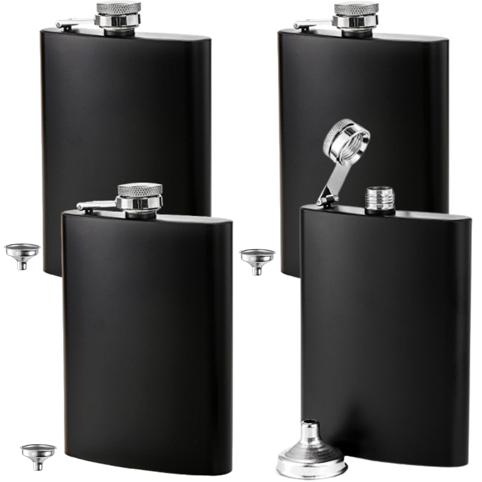 Lawei 4 Pack Stainless Steel Black Hip Flask Set Leakproof Flask with 4 Free Bonus Funnel - 240ml/ 8 oz