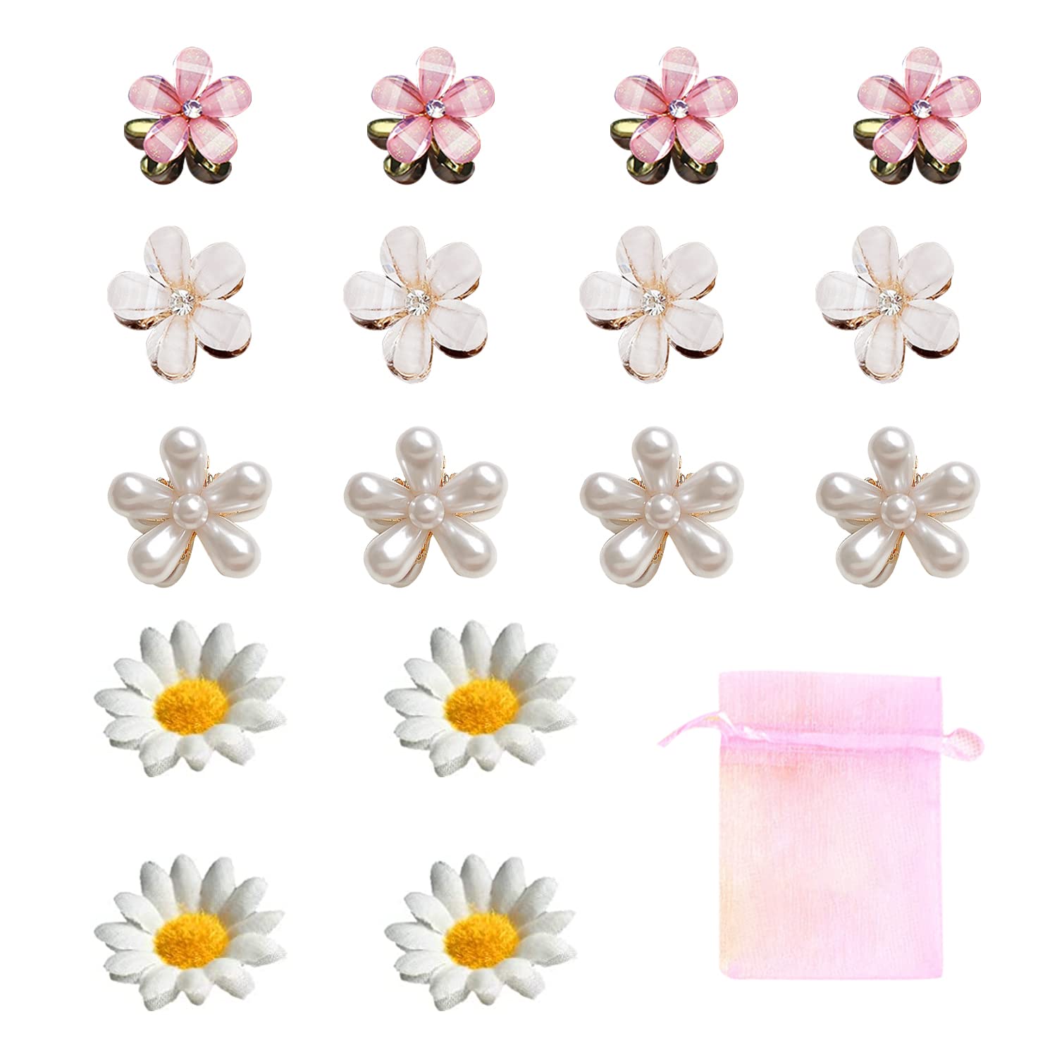 16 pc Flower Hair Clips - Mini, Small Pearl & Daisy Styles, Sweet Wedding & Daily Accessories