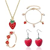 Dreuyet Strawberry Jewelry Set for Women - Cute Lifelike Red Strawberry Necklace, Earrings, Ring, Bracelet - Sweet Small Fresh Fruit Charm Jewelry