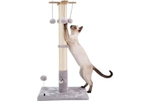 PAWSFANS Cat Scratching Post for Indoor Cats and Kittens,30inches Tall Sisal Scratch Posts with Four Hanging Ball Toys and Reinforce The Stable Base Gray