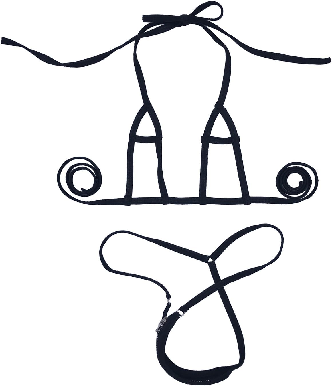 Afom Women Sexy Halterneck Hollow Mini Micro Bikini G String Zipper Bottom Set