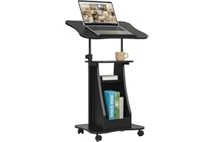 Tangkula Mobile Lectern Podium, Height Adjustable Podium Stand, Standing Sit-to-Stand Desk, Rolling Cart Laptop Desk with Swivel Top Movable Wheels & Storage