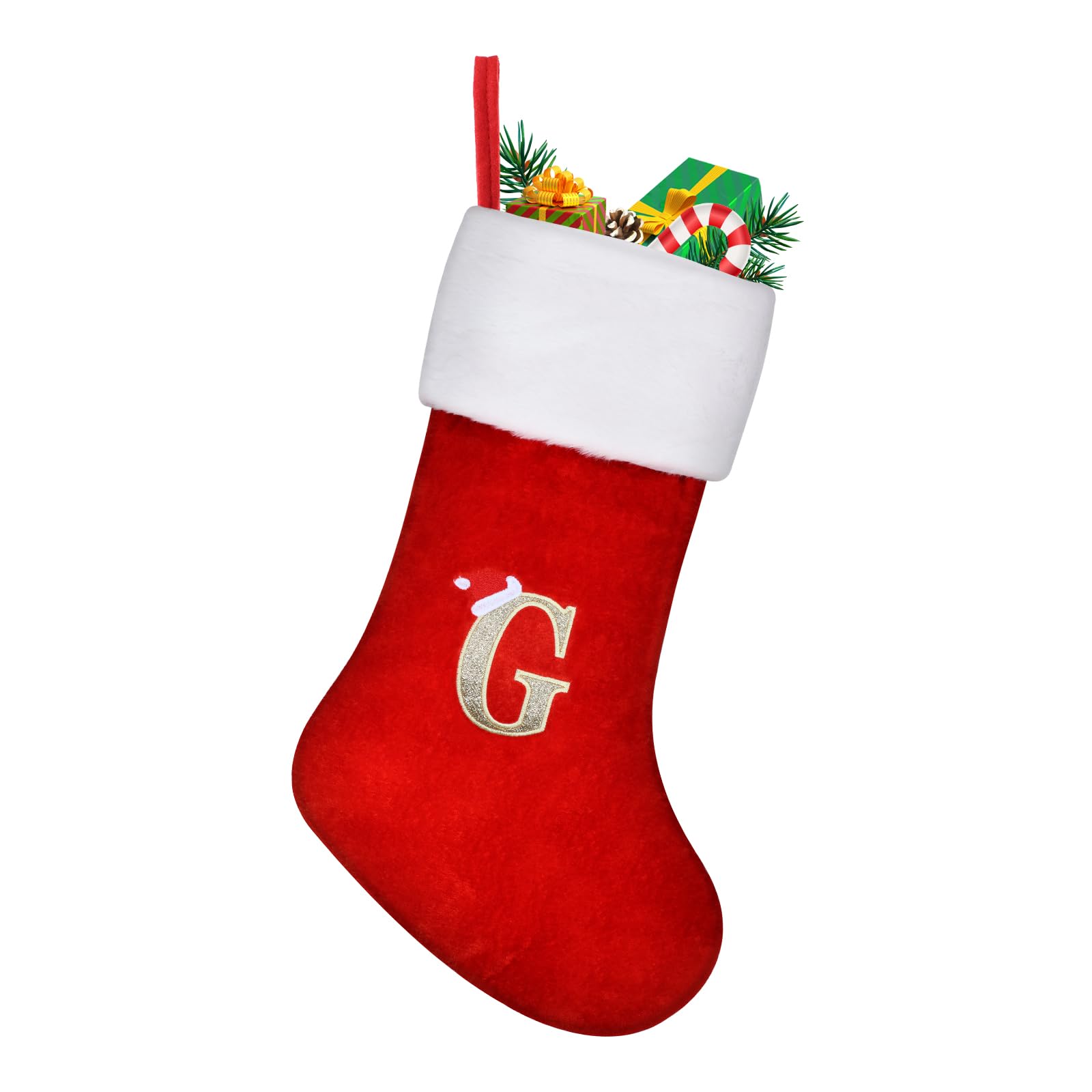 TOPWAYS Christmas Stockings, Large Monogram Xmas Personalized Embroidered Stockings with Letters, Red Fireplace Hanging Santa Socks for Christmas Decor Xmas Gift (G)