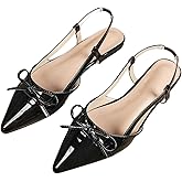 BEAUDRM Women's Slingback Flat Bow Leather Pointed Toe Low Heel Ballet Flats Sandals Dressy Party Work Shoes