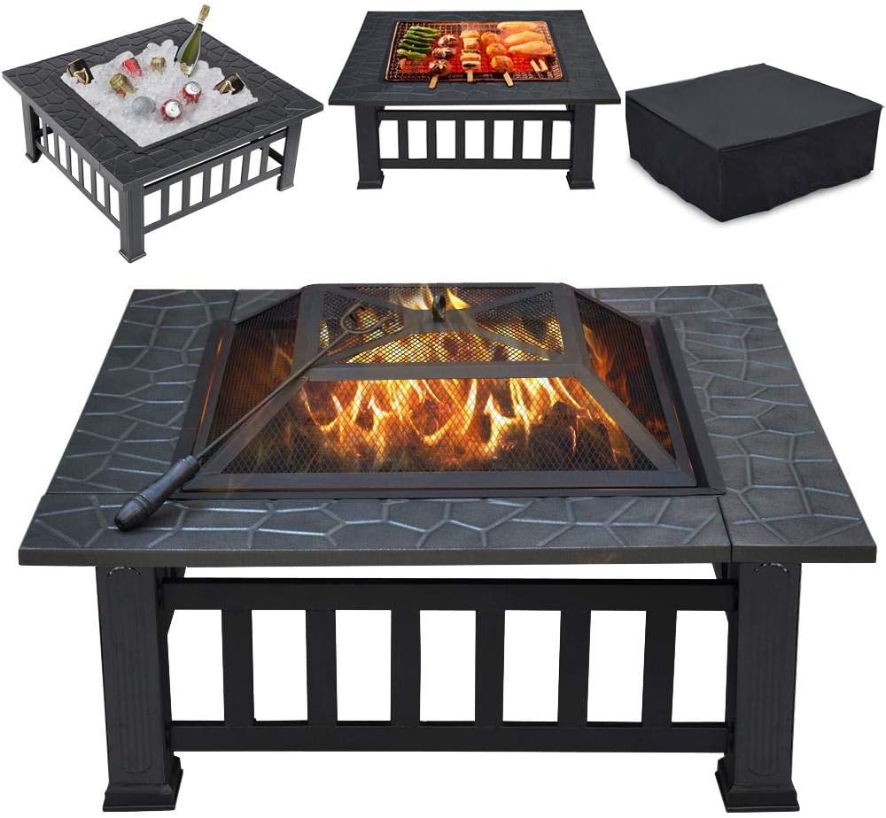 YAHEETECH 32in Outdoor Metal Firepit Square Table Backyard Patio Garden Stove Wood Burning Fire Pit with Spark Screen, Log Poker and Cover: Sports & Outdoors