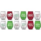 Pen Kit Mall PKM - Stemless Wine Glasses - Set of 12 - NOVELTY FUNNY SAYINGS - CAMPING -CHRISTMAS - NEW YEARS HALLOWEEN (Not Glass) (CHRISTMAS THEMED)