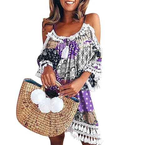 Yvelands Damen Sommerkleider aus Schulter Kleid Quaste Kurze Cocktailparty Strandkleider