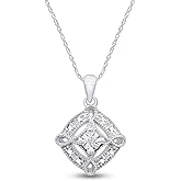 AFFY Round Cut White Natural Diamond Accent Pave Square Pendant Necklace In 14k Gold Over Sterling Silver With 18" Chain