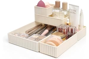 MOSA BEAR 6 PCS White Drawer Organizer Set 3-Size,Versatile Desk and Vanity Drawer Organizer Trays, Storage Bins for Bedroom, Kitchen，Bathroom