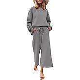 kaimimei Womens 2 Piece Outfits Travel Matching Long Sleeve Tops and Wide Leg Pants Sets Casual Loungewear with Pockets