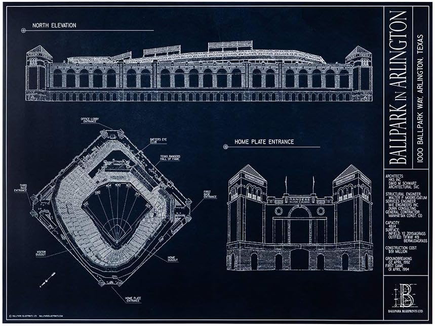 Ballpark in Arlington Blueprint Style Print (Unframed, 18 x 24)