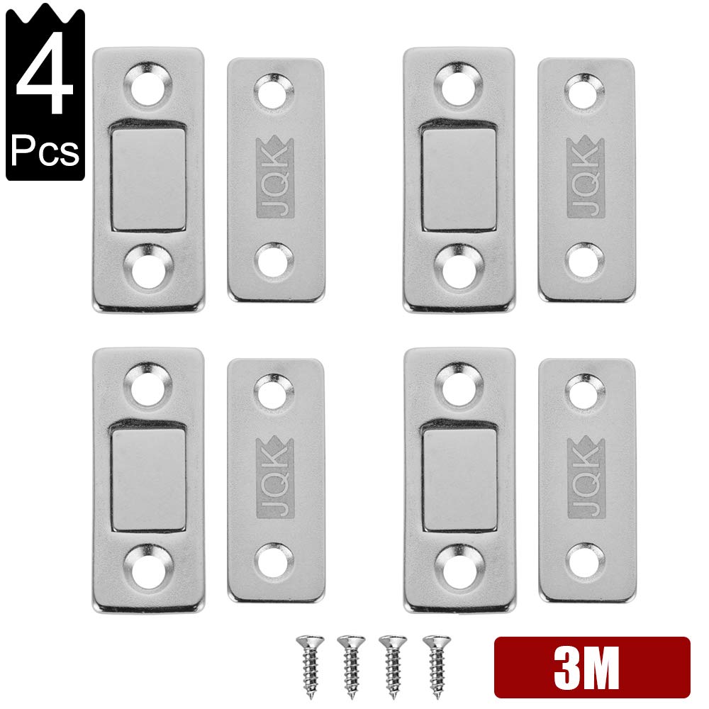 JQK Drawer Magnetic Door Catch, Thin Stainless Steel Cabinet Magnet Ultrathin Furniture Latch for Sliding Door Closure Kitchen Cabinet Closer Cupboard(4 Pack), 15 lbs Magnet Silver, HCC200-P4