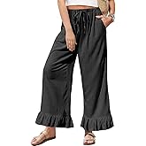 TARSE Women’s Linen Casual Pants Flared Leg Wide Leg Drawstring Ruffle Harem Palazzo Pants with Pockets