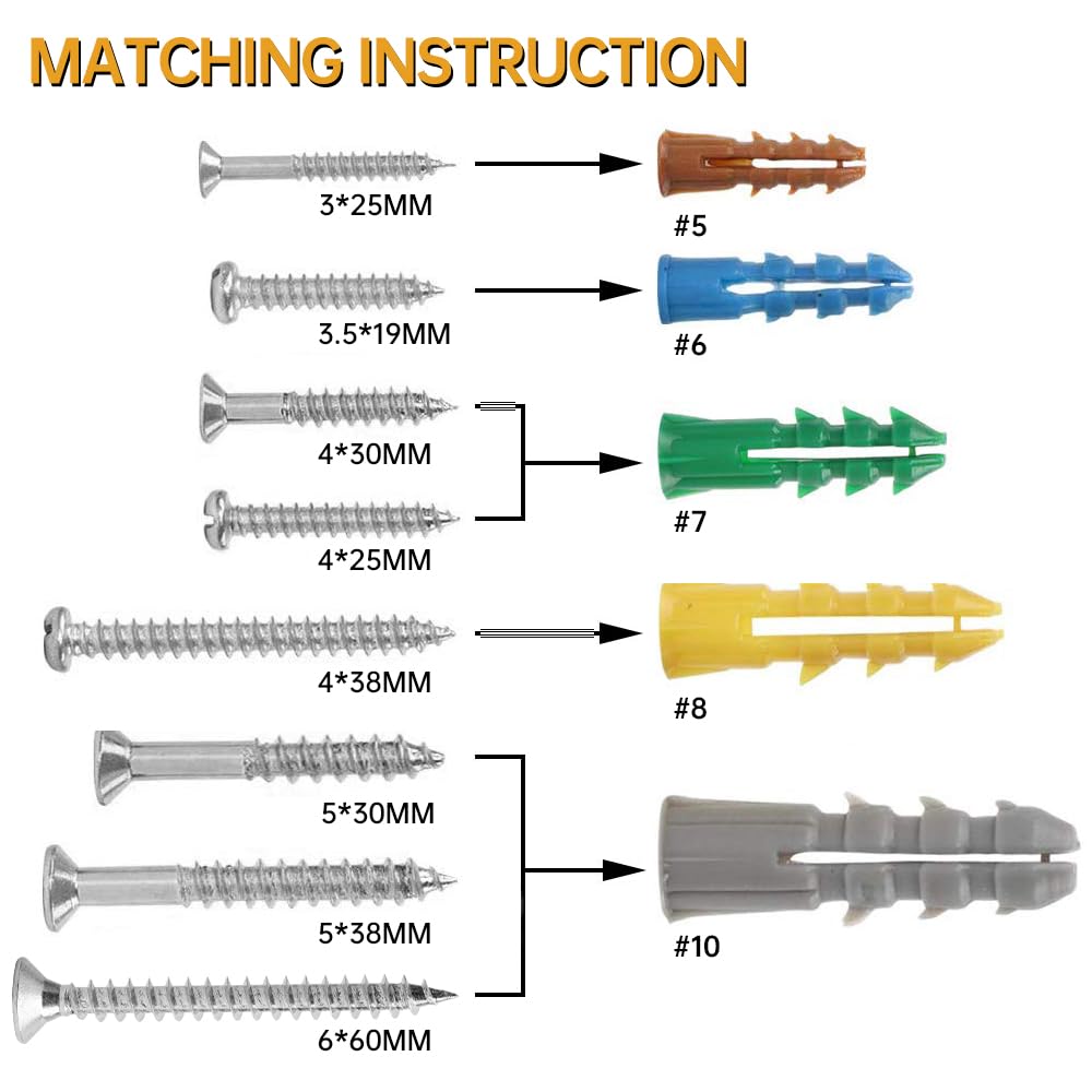 HongWay 370pcs Plastic Drywall Wall Anchors Kit with Screws, Includes 5 Different Assorted Size Anchors and Screws