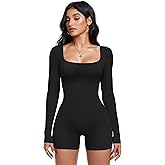 OLCHEE Womens Long Sleeve Workout Jumpsuit Square Neck Ribbed Seamless Yoga Romper Sexy Bodycon Tummy Control Unitard Onesie