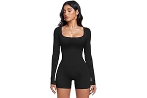 OLCHEE Womens Long Sleeve Workout Jumpsuit Square Neck Ribbed Seamless Yoga Romper Sexy Bodycon Tummy Control Unitard Onesie
