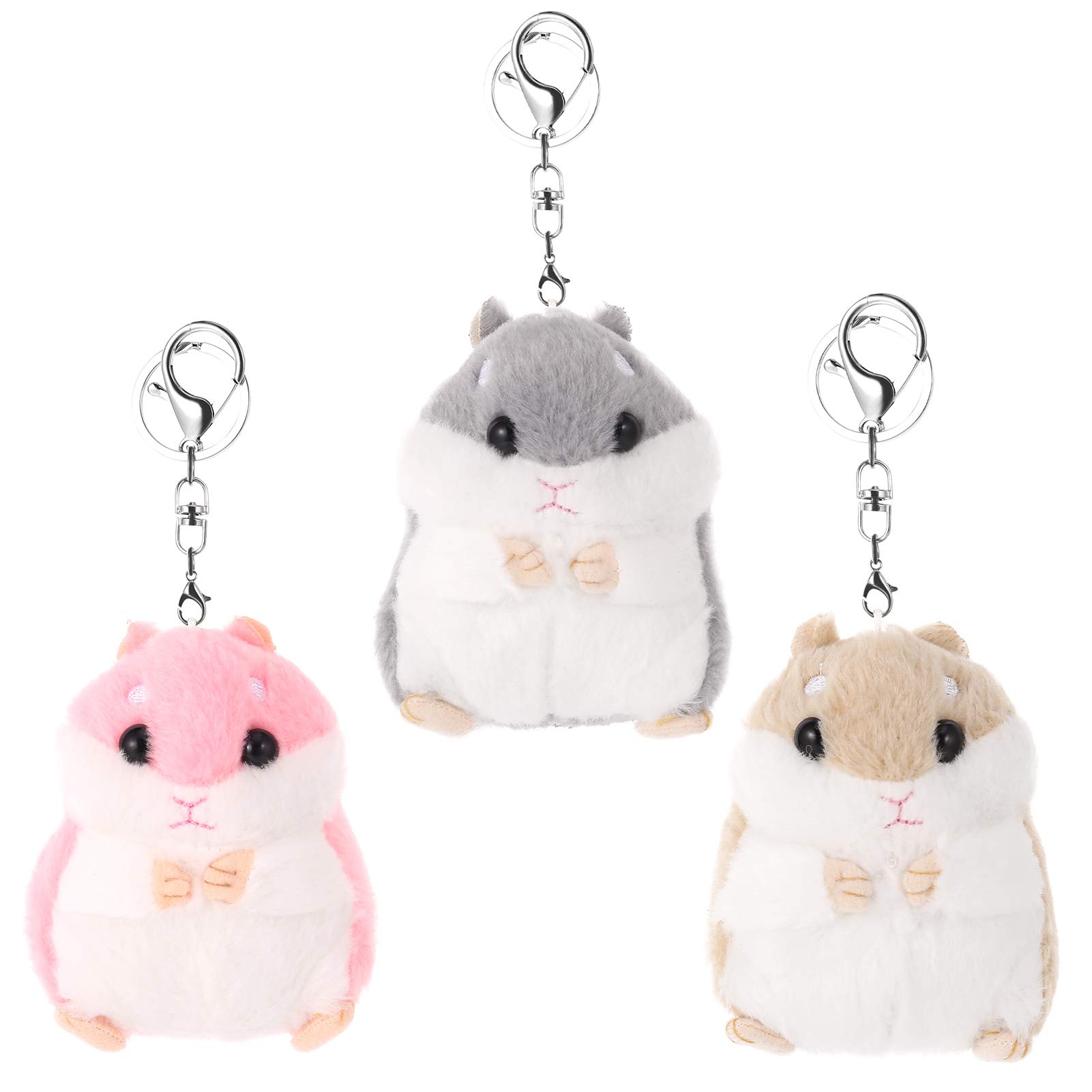 Xinzistar 3 Pcs Cute Hamster Keyrings Soft Plush Keychain Hamster Pendant Keyring Pompom Keychain Decoration Plush Animal Keychains Backpack Bag Pendant Keyrings for Girls Boys Women Kids