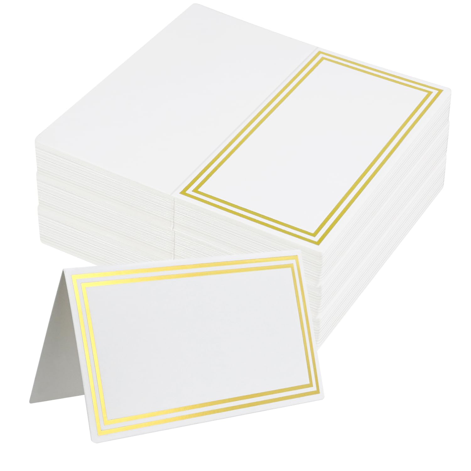 Photo 1 of 100-Pack Premium Place Cards for Table Setting with Double Gold Foil Border, 3.5" x 2" Name Cards for Wedding Seating, Buffet Food Labels & Dinner Parties, Thick Cardstock Tent Cards